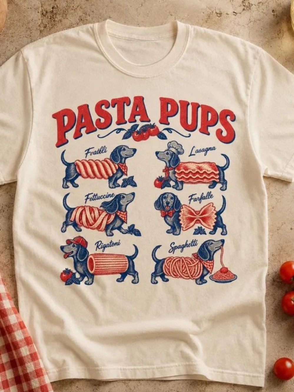 Gildan Cream Duchshund Graphic T-Shirt with Red & Blue 'Pasta Pups' Tee